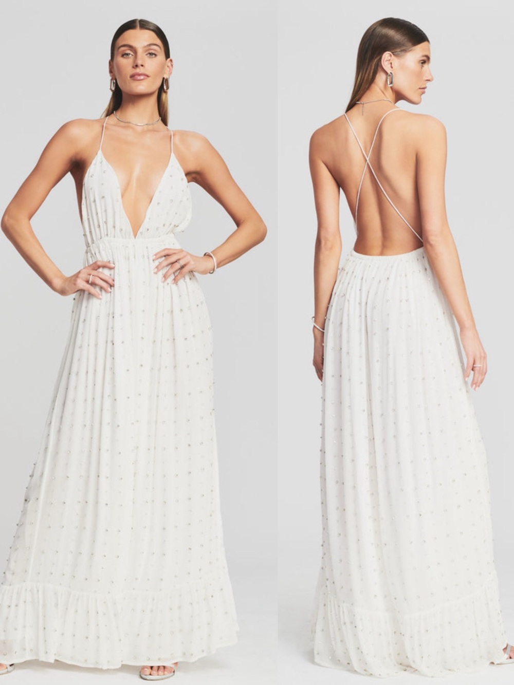 Retrofete Zadie Crystal Chiffon Silk Embellished White Maxi Dress Small $898